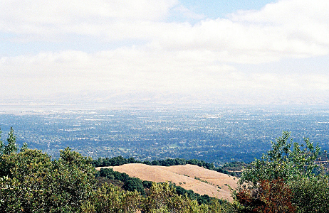 [The mound in front of the camera is mostly brown earth, but there are trees around it and many trees in the valley below. ]